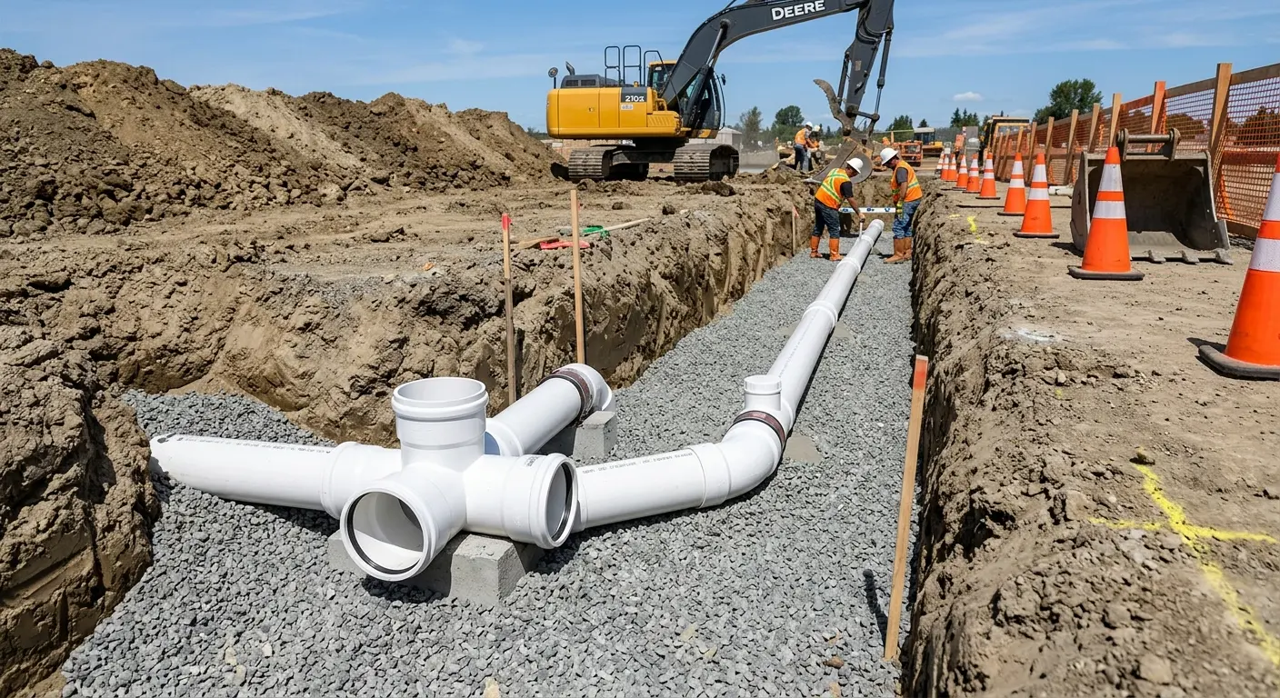New PVC sewer pipe installation in open trench for Sewer Backup in Winter Park