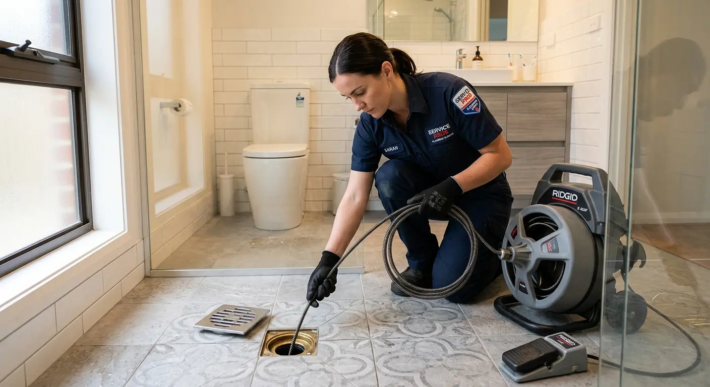 Technician clearing a bathroom floor drain for Drain Cleaning in Winter Park